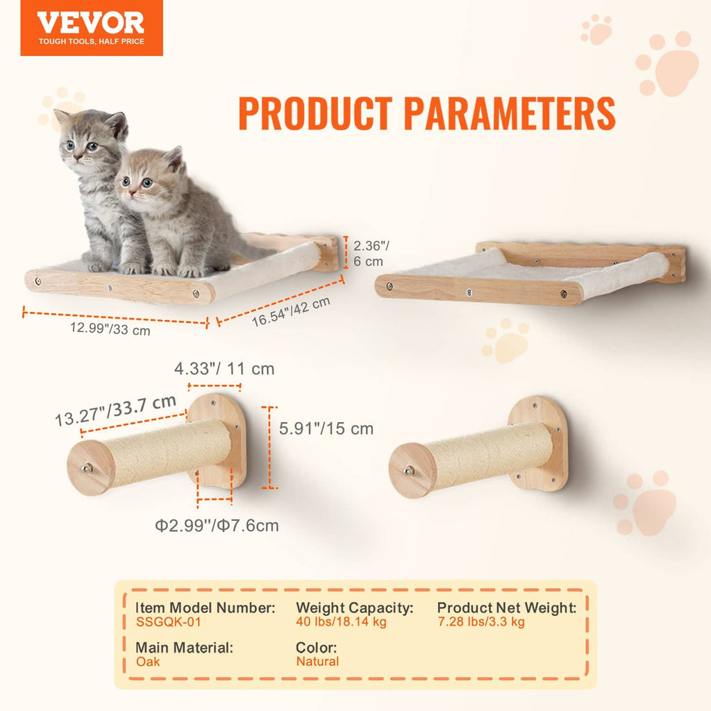 Wall-mounted cat shelf set diagram with two platforms, sisal posts, and brackets