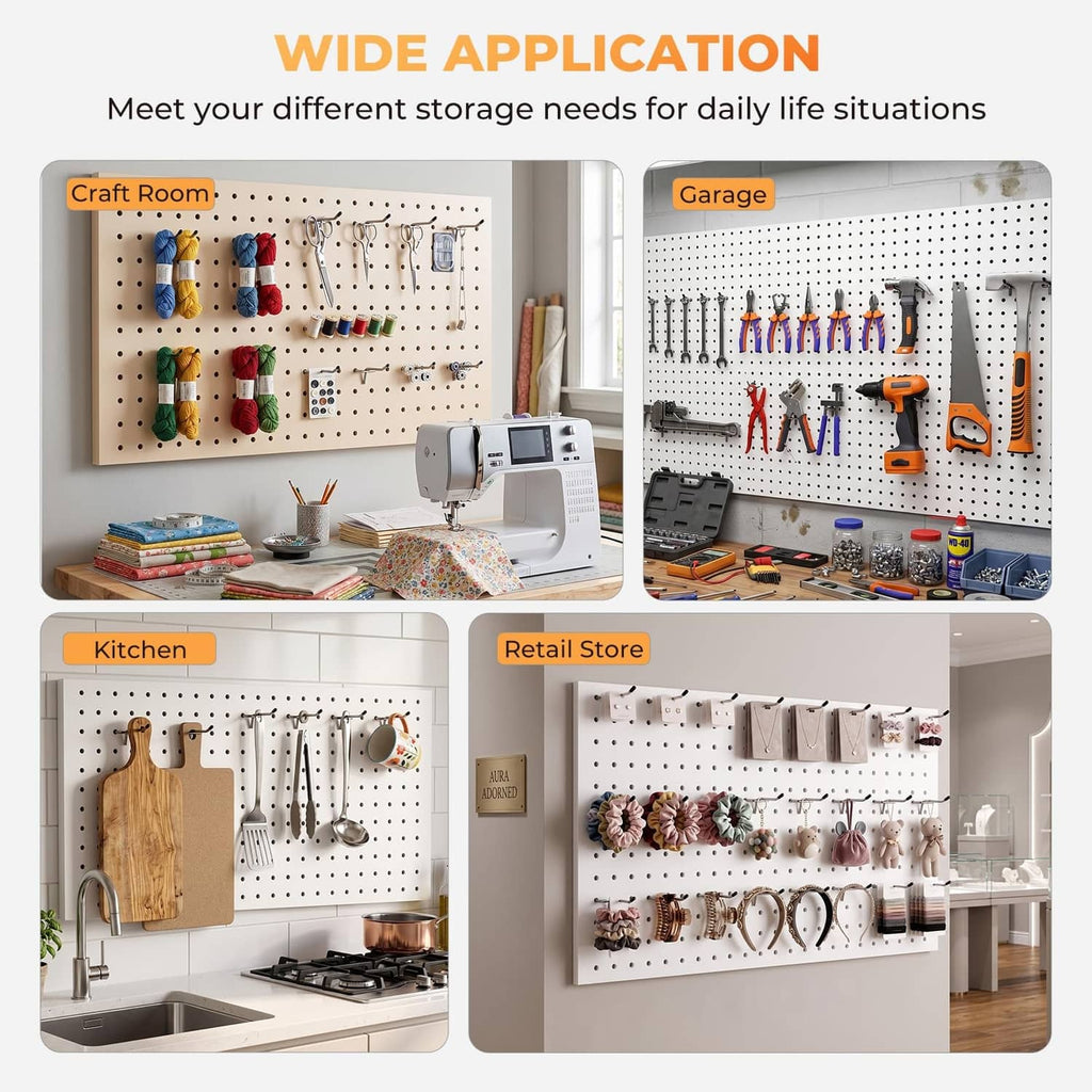 Pegboard hook set for organizing tools in craft, garage, and kitchen storage