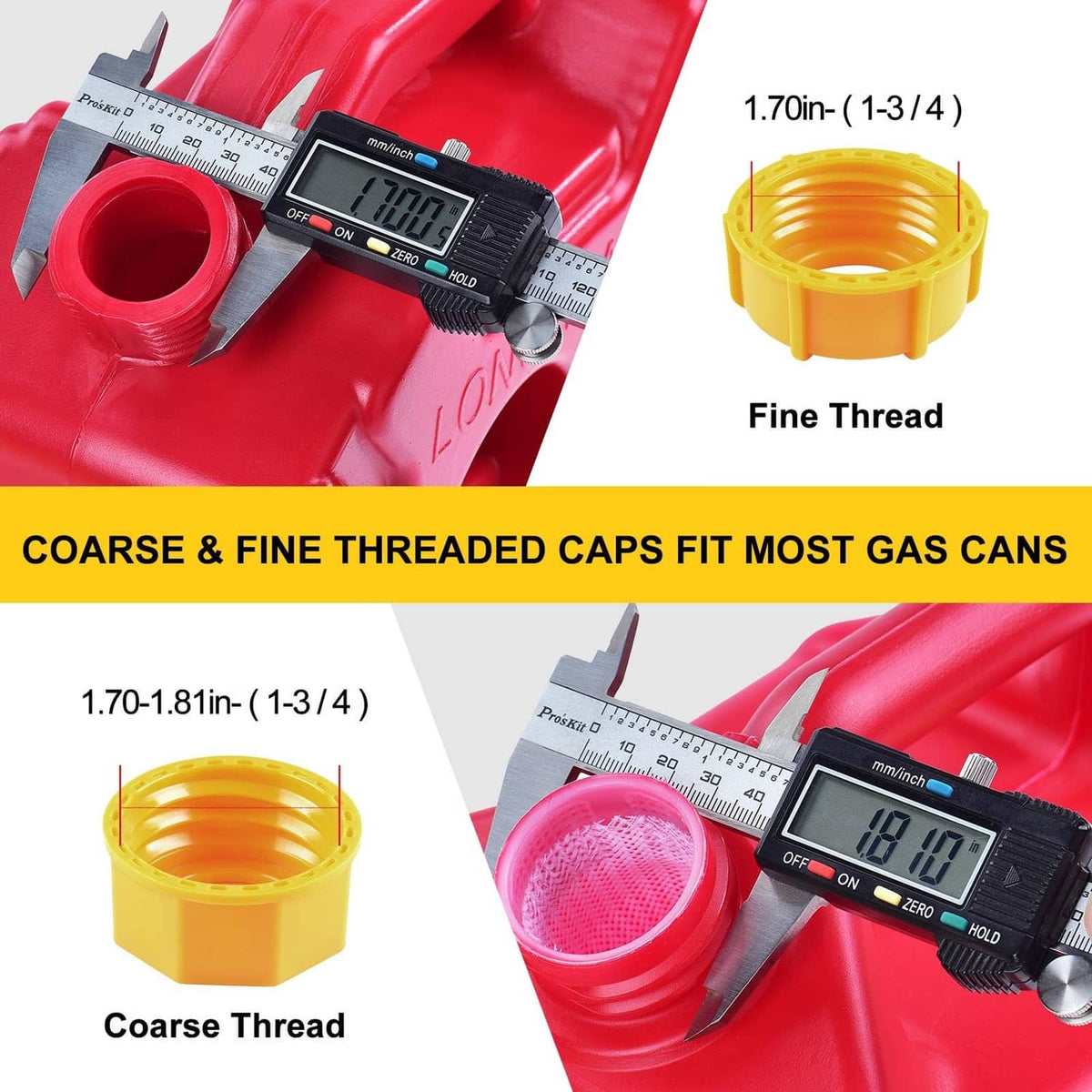 Yellow threaded spout caps set showing fine and coarse thread nozzle fit
