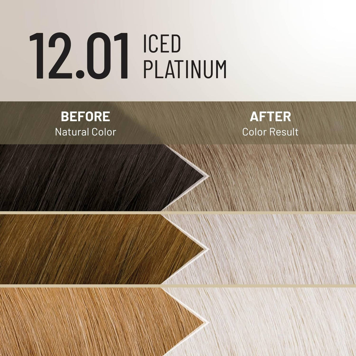 Hair color result chart for 12.01 Iced Platinum, before-to-after highlights