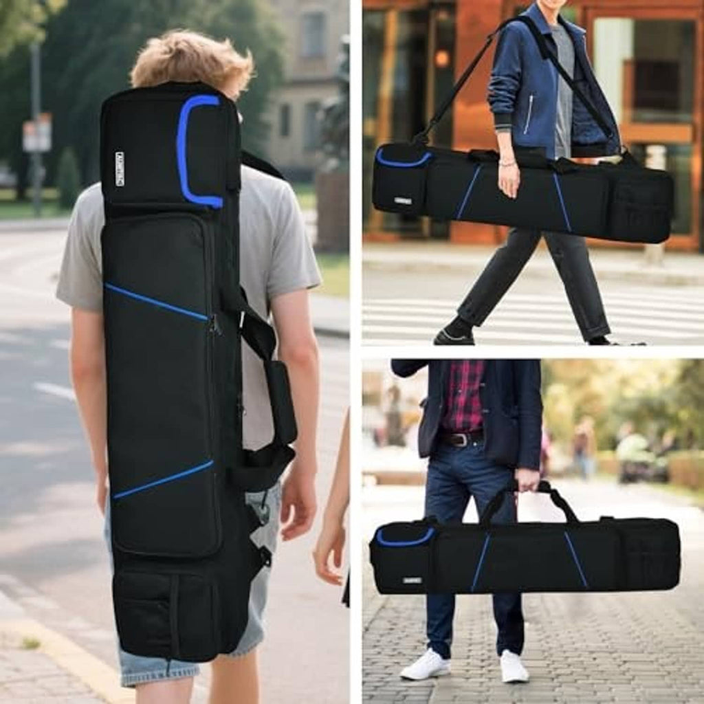 Black pool cue case with blue trim worn on back with backpack straps