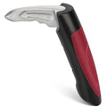 Red and black car door assist grab handle with curved grip and silver mounting plate