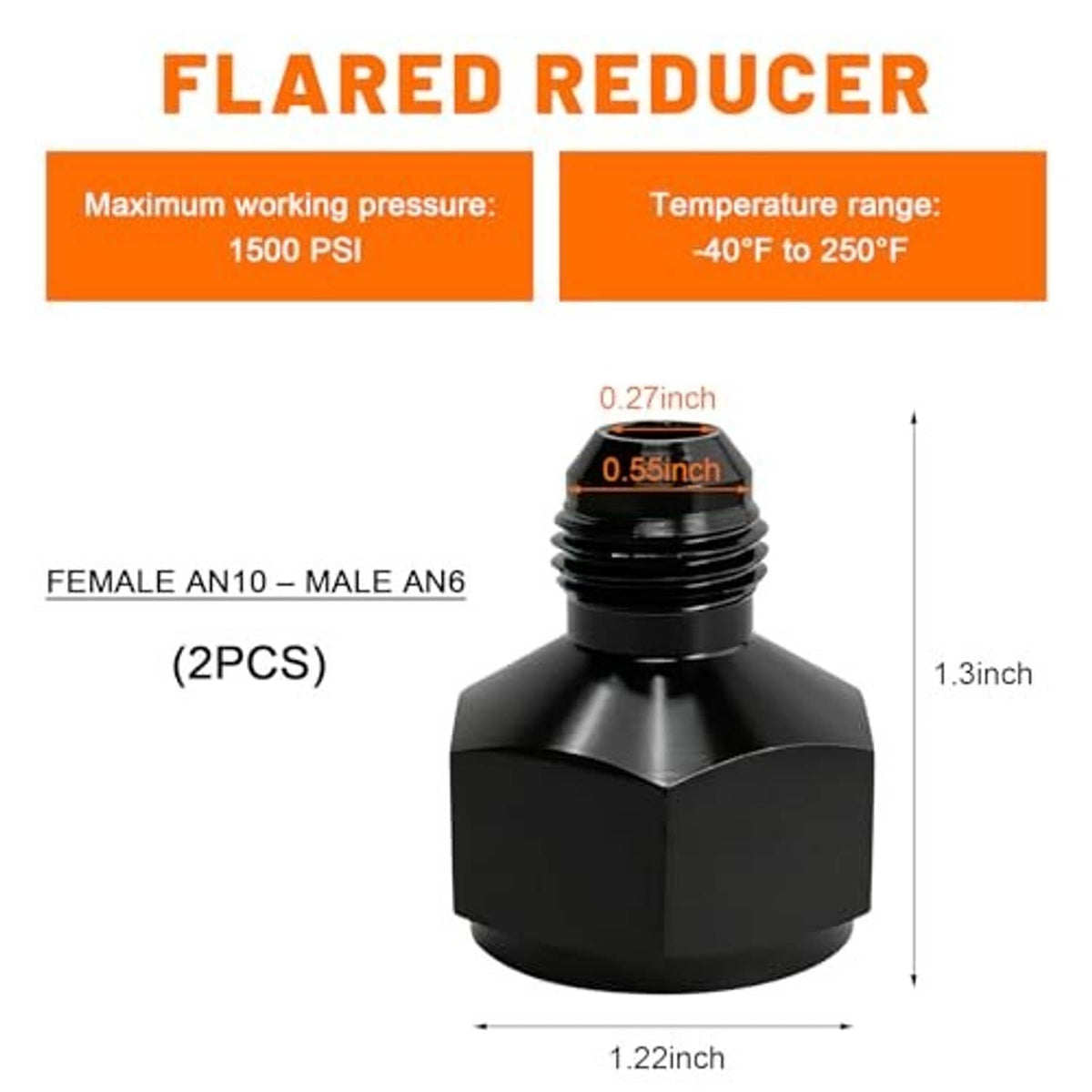 Flared reducer adapter, female AN10 to male AN6, black finish; 2PCS set.