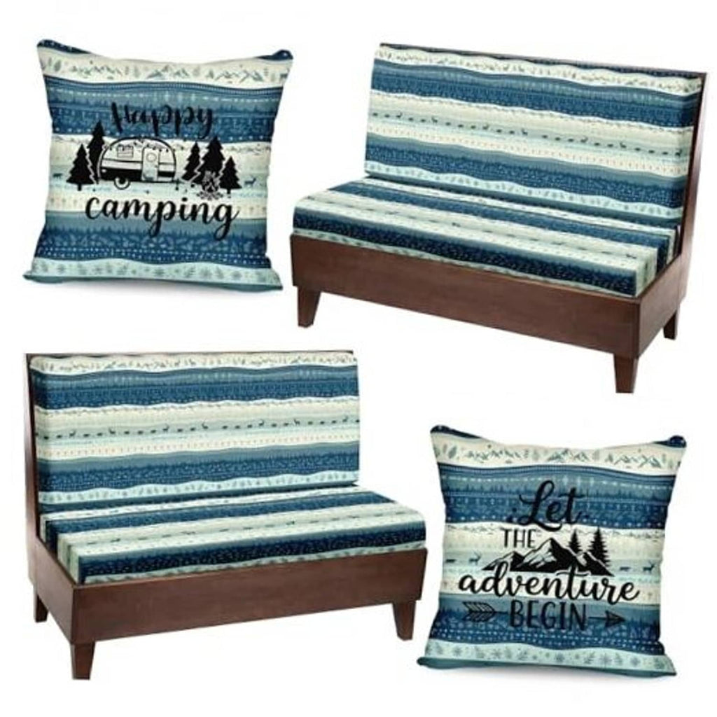 Set of blue striped camping-themed RV cushion covers with patterned front and back