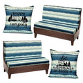 Set of blue striped camping-themed RV cushion covers with patterned front and back