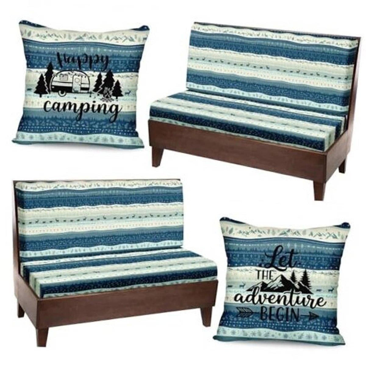 Set of blue striped camping-themed RV cushion covers with patterned front and back
