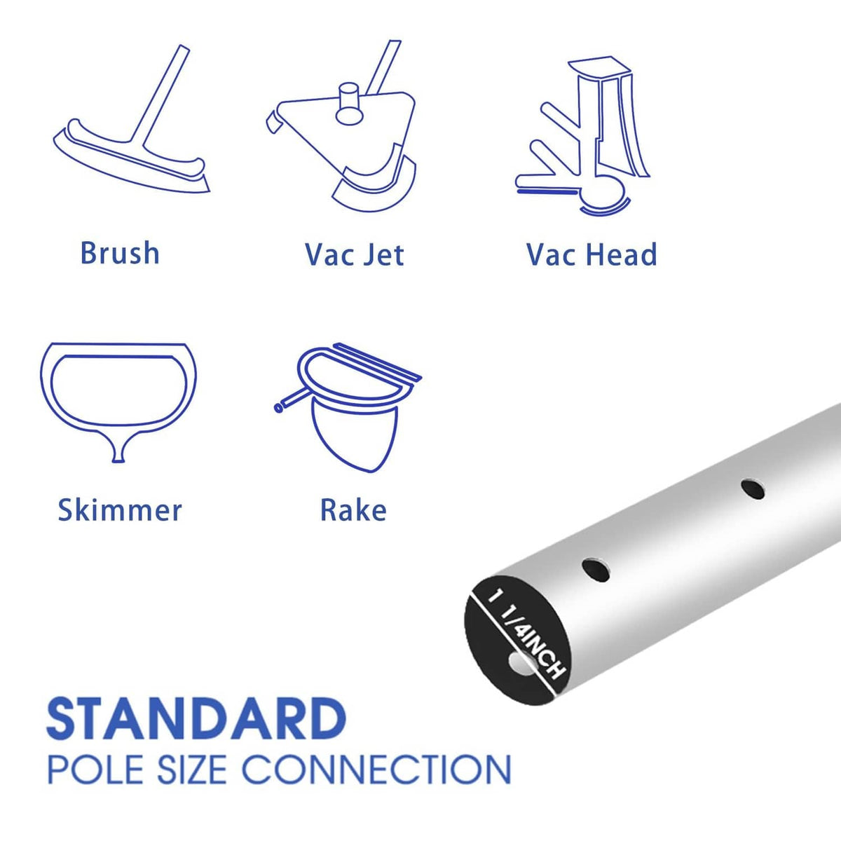 Pool pole connection end showing 1-1/4 in diameter opening and smooth metal tube