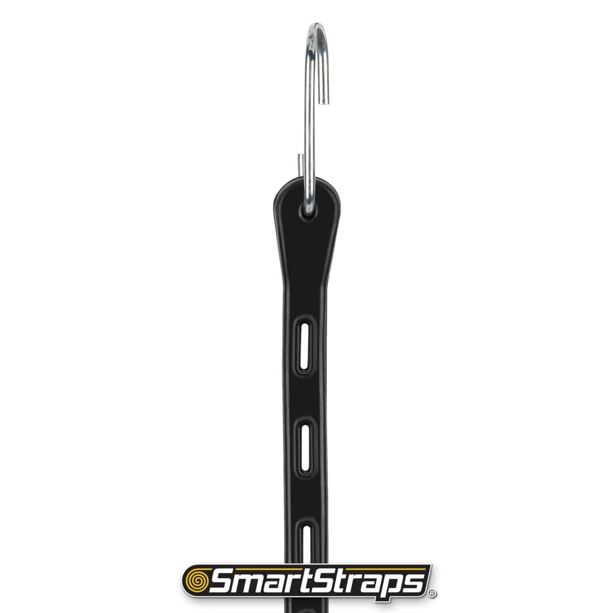 Single black adjustable rubber tarp cargo strap with metal hanging hook