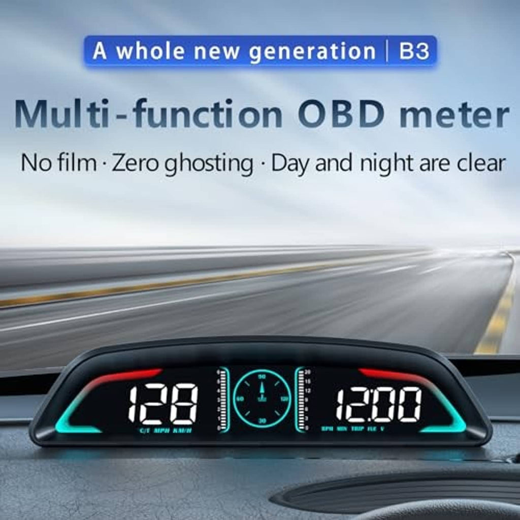 Car dashboard HUD speedometer showing speed 128 and RPM 1200 on dual displays