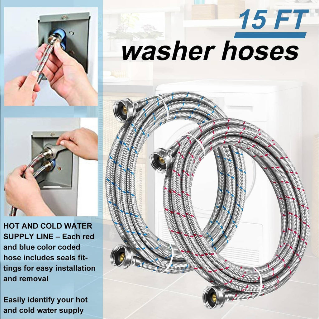 15FT washer hoses set with 3/4" metal end fittings and red/blue hot-cold coded stripes