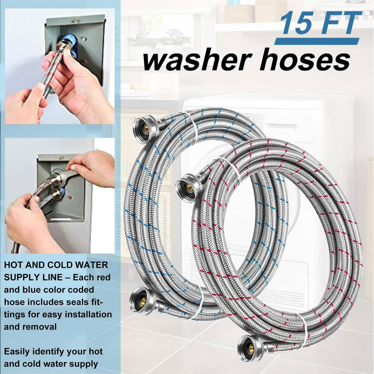 15FT washer hoses set with 3/4" metal end fittings and red/blue hot-cold coded stripes