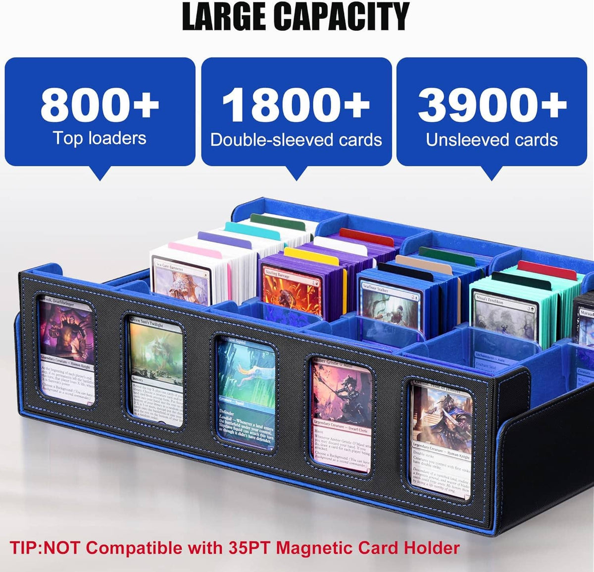 Blue-and-black 5-row trading card storage box with card window panels holding sleeved cards