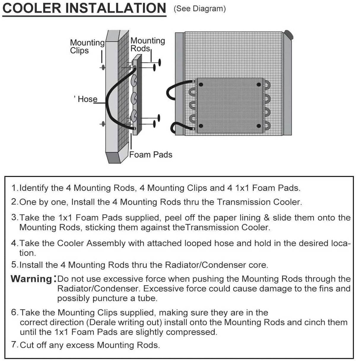 Oil cooler installation diagram with mounting rods, clips, and foam pads