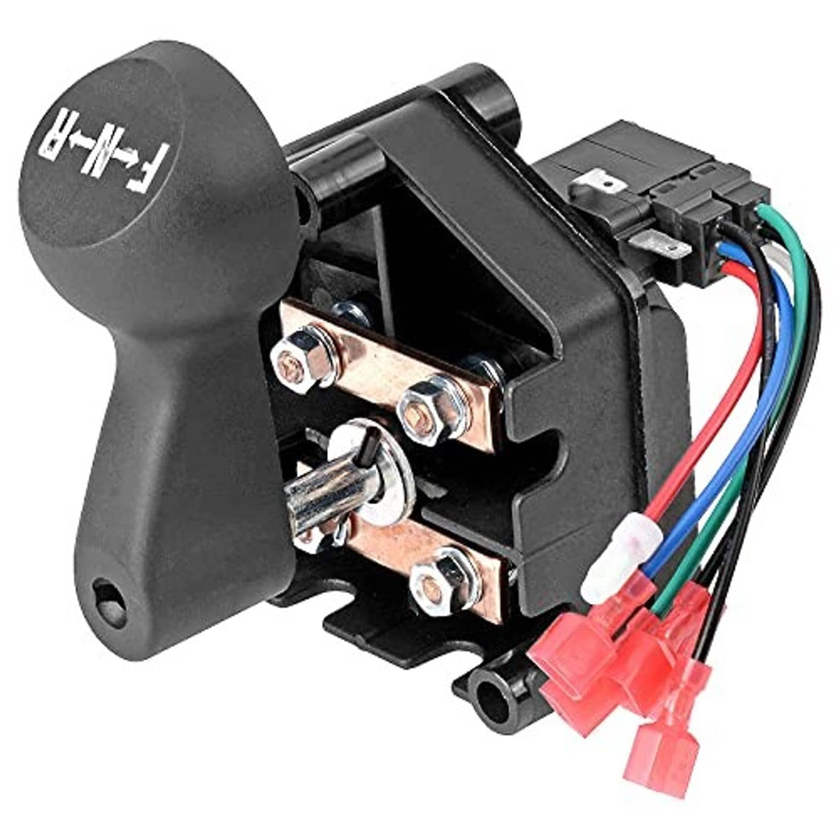 Golf cart forward/reverse switch with black knob and exposed metal terminals