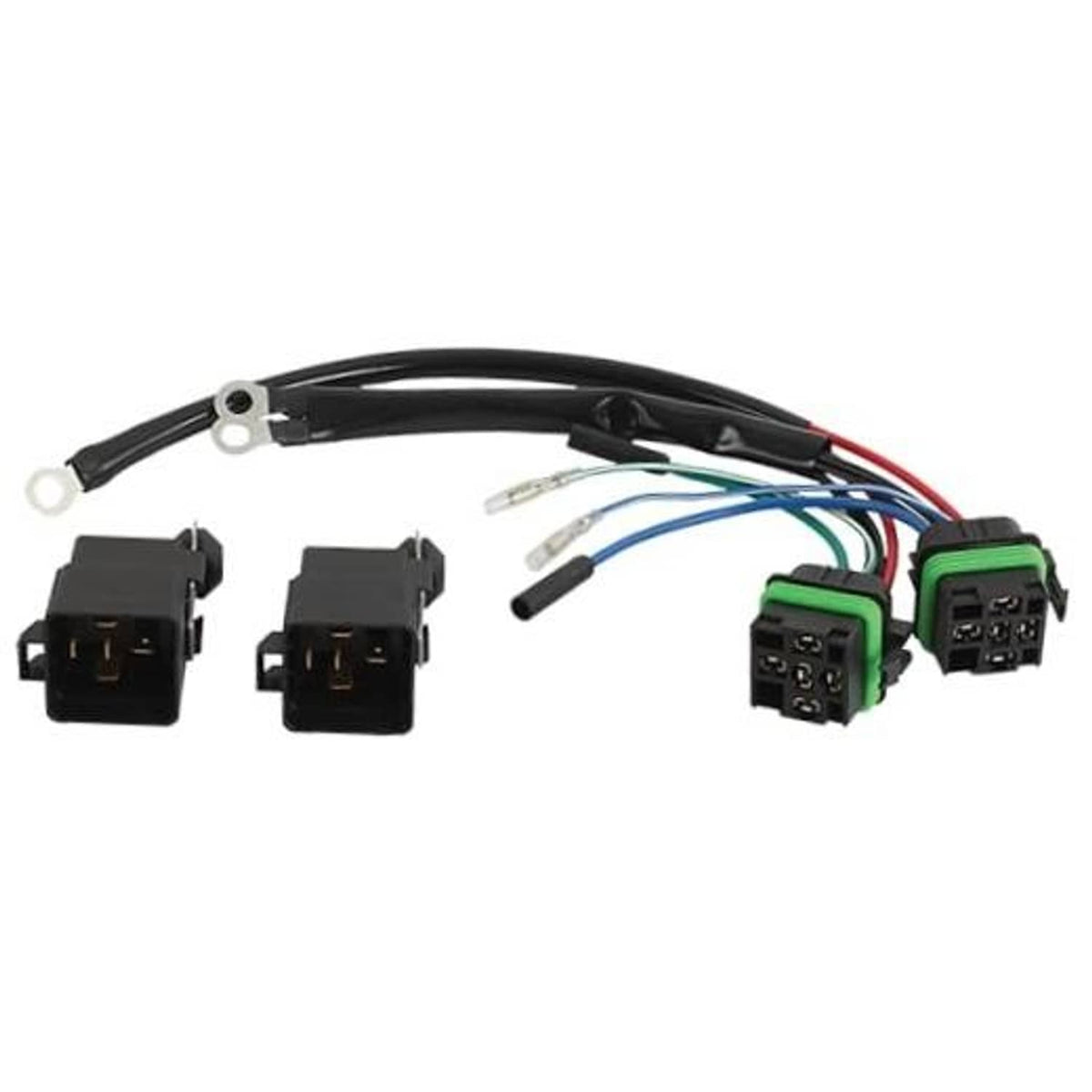 3-wire wiring harness with black connectors, green plug, and blue/red wire leads