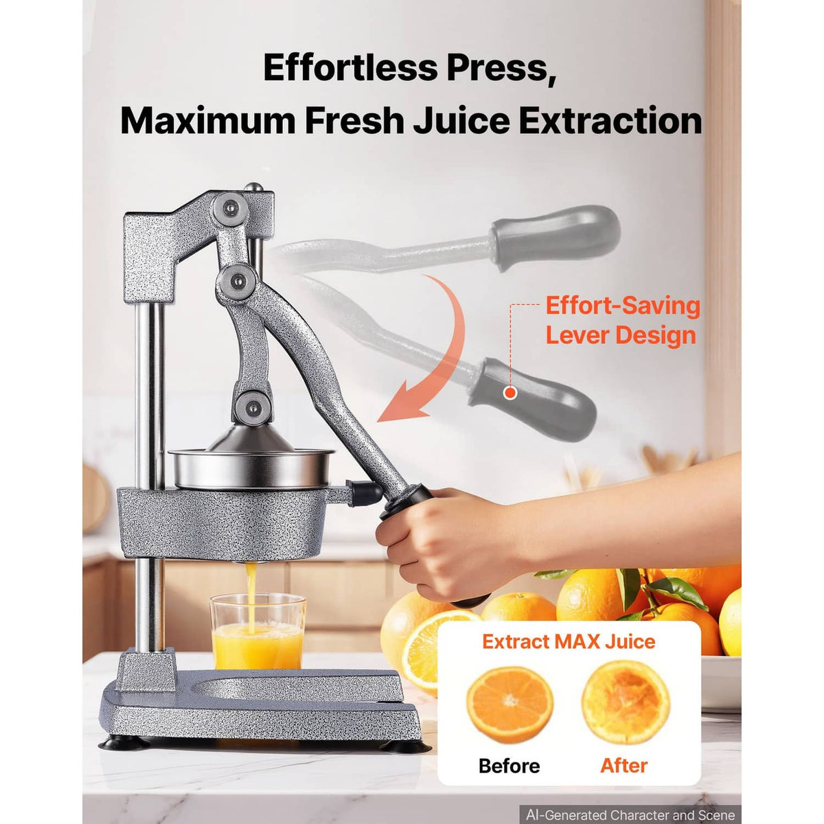 Manual citrus juicer press with lever mechanism, shown dispensing juice in a cup