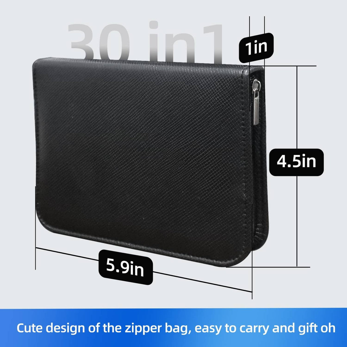 Black zippered manicure case for a 30-piece fingernail tool set
