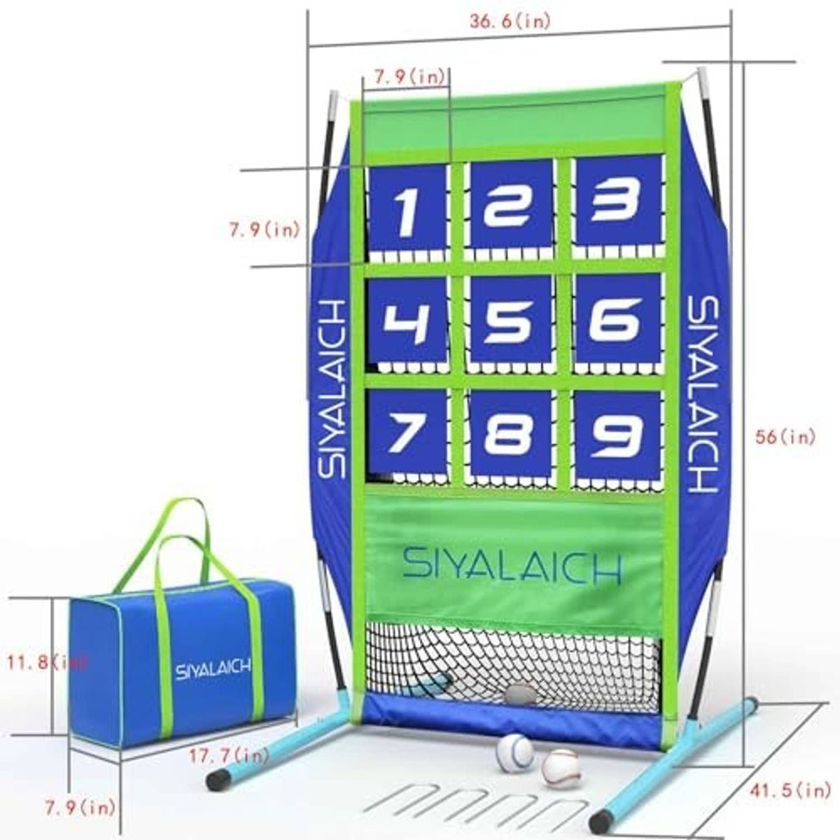 Portable pitching target net size diagram, numbered 1–9 grid, green frame, carry bag