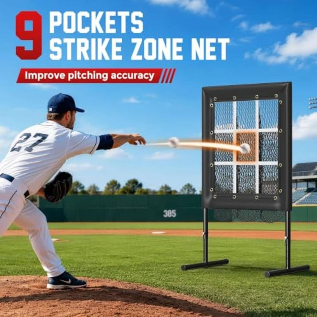 Baseball strike-zone pitching net with 9-hole grid on freestanding T-bar stand