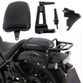 Black motorcycle passenger seat with mounting hardware and footpeg bracket kit