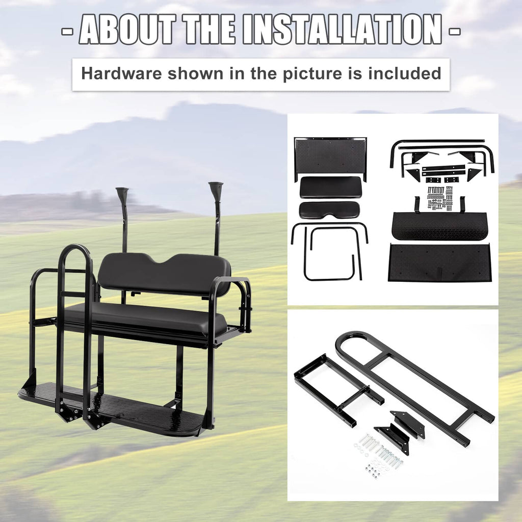 Black rear flip seat kit with included mounting hardware and frame components