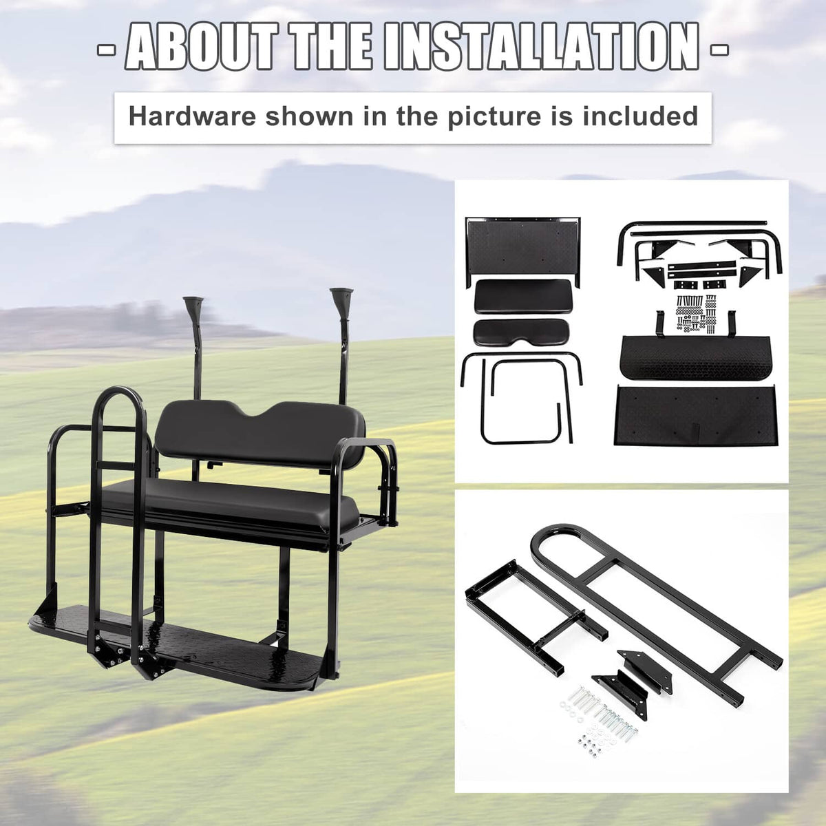 Black rear flip seat kit with included mounting hardware and frame components