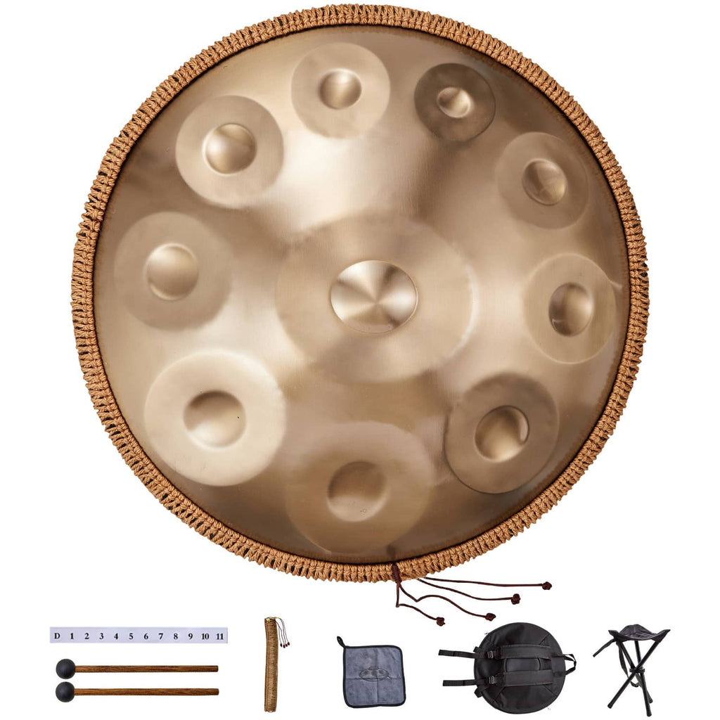 22-inch golden handpan drum with rope-textured edge and nine tuned note dimples