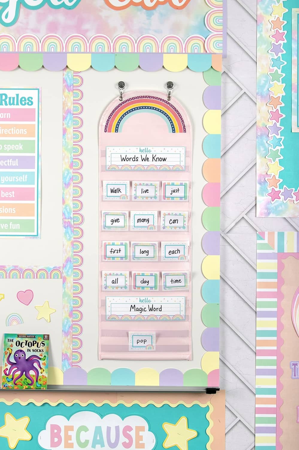 Pastel pop classroom label set on chart, shows 'Rules' and 'Words We Know'