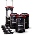 Collapsible rechargeable lantern set with black body and red top, includes charging cables