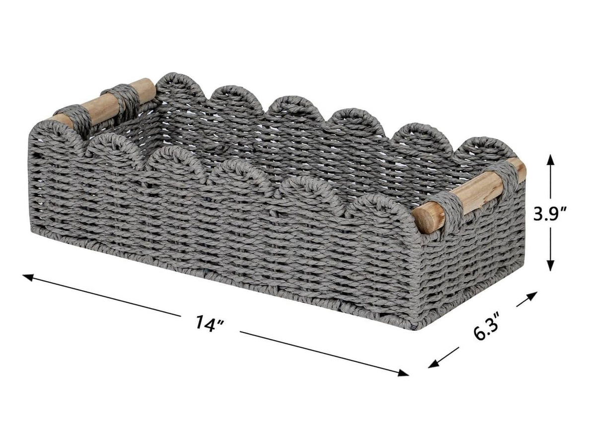 Grey scalloped toilet paper storage basket, woven texture with wood handle accents; size shown.