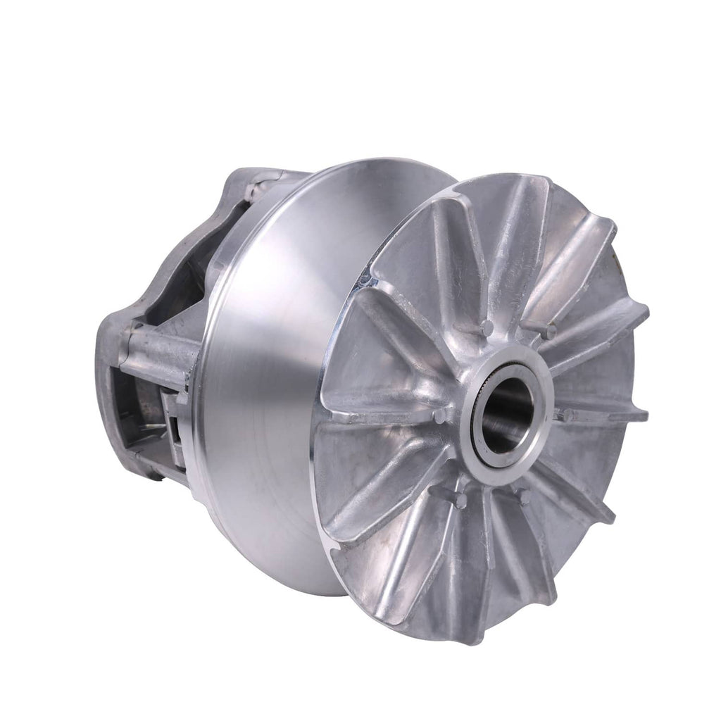 Metal drive clutch assembly with machined pulley and fan-style plate, silver finish