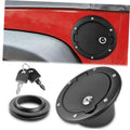 Locking black fuel filler door with key, showing circular cap and mounting bolts