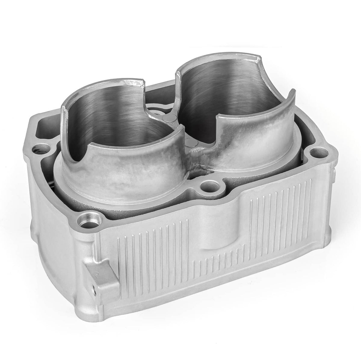 Cylinder block with twin bores and ribbed casing, silver metal finish