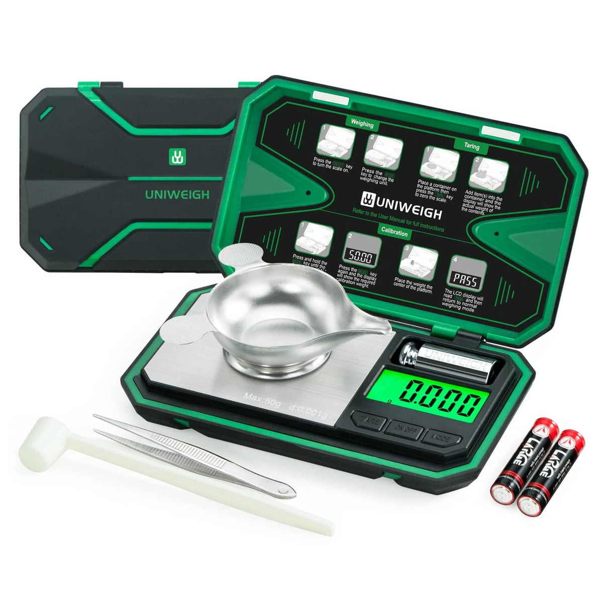 Green and black milligram precision scale with protective flip case and LCD display
