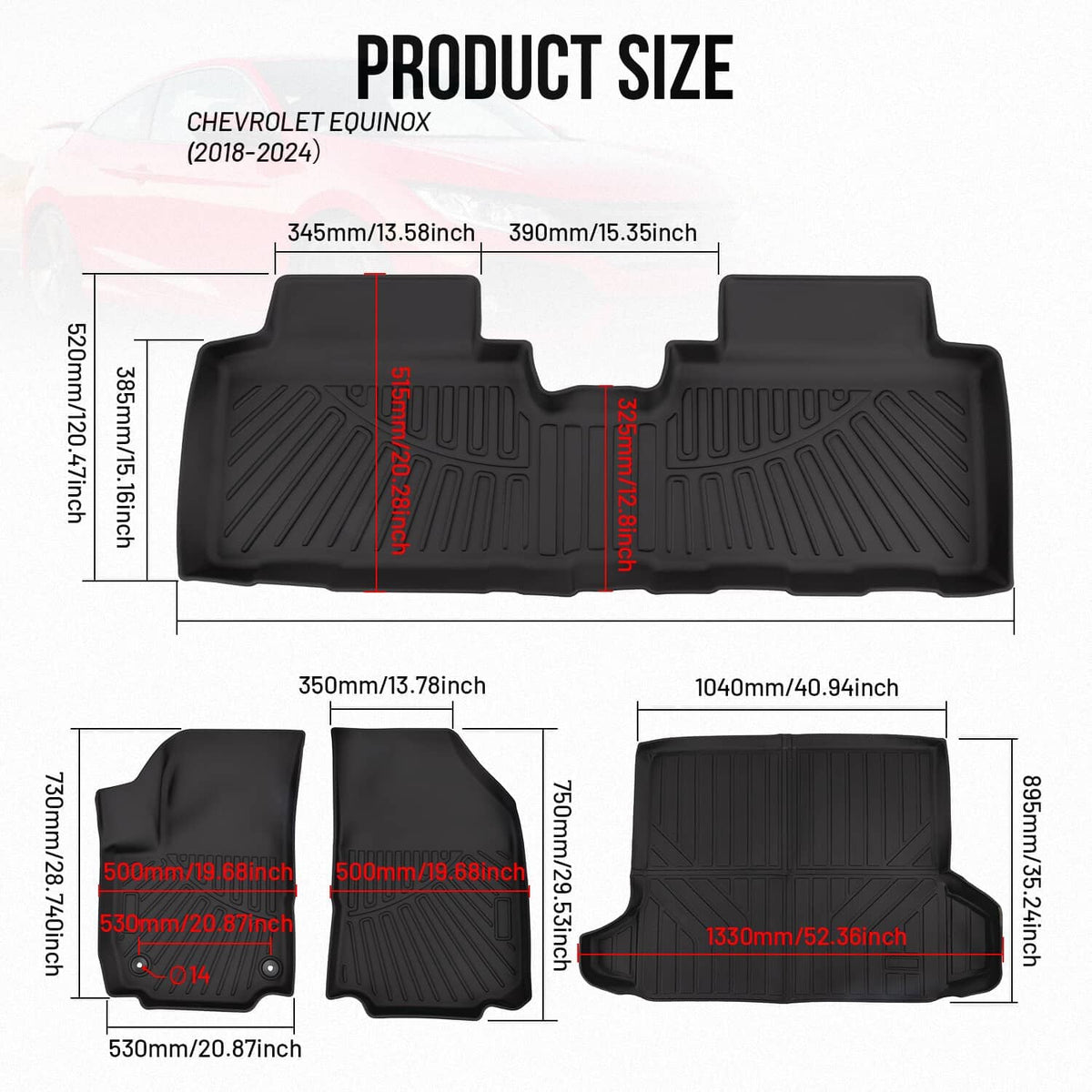 Black molded TPE car floor mat and cargo liner layout with textured anti-slip ridges.