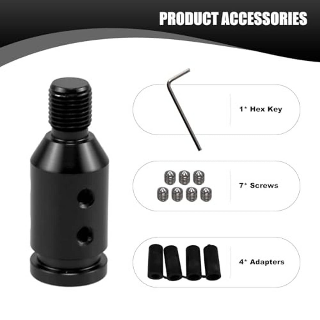 Black threaded shift knob with 8-ball top, hex key, screws, and adapters