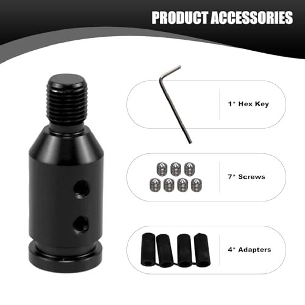 Black threaded shift knob with 8-ball top, hex key, screws, and adapters