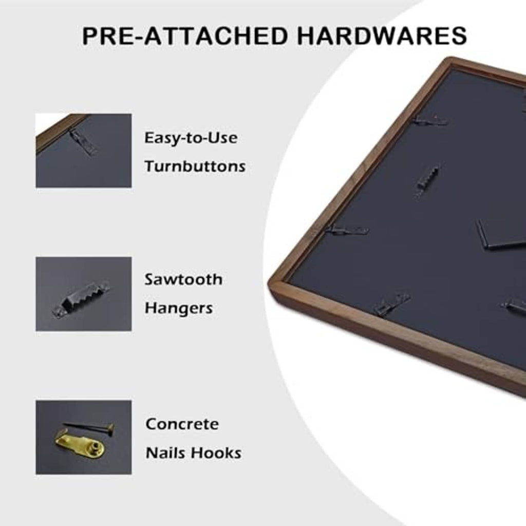 Pre-attached hanging hardware set: turnbuckle, sawtooth hangers, nail hooks