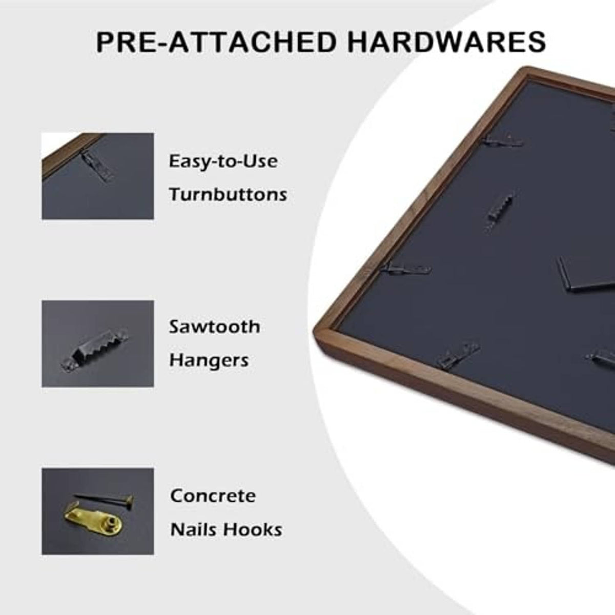 Pre-attached hanging hardware set: turnbuckle, sawtooth hangers, nail hooks