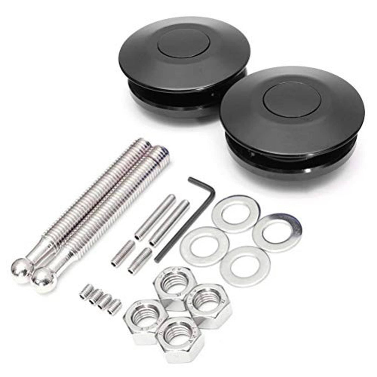 Two black hood latch pins caps with threaded screws, hex nuts, and assorted washers
