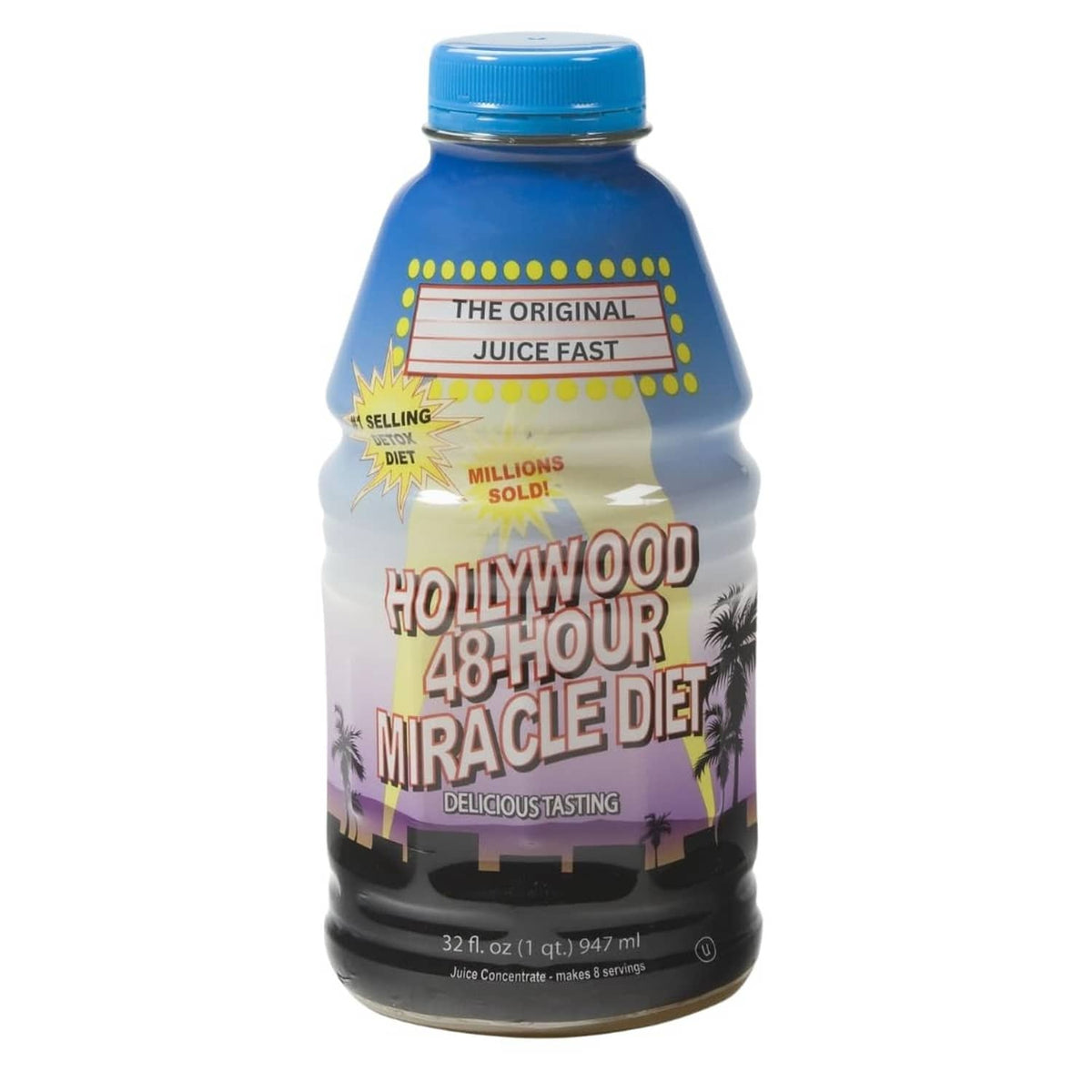 Fruit juice cleanse bottle with blue cap and dark label featuring 48-hour text