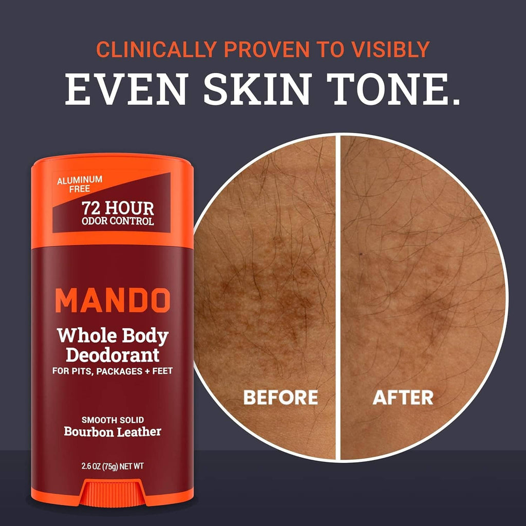 Mando whole body deodorant stick with before-and-after skin tone graphic