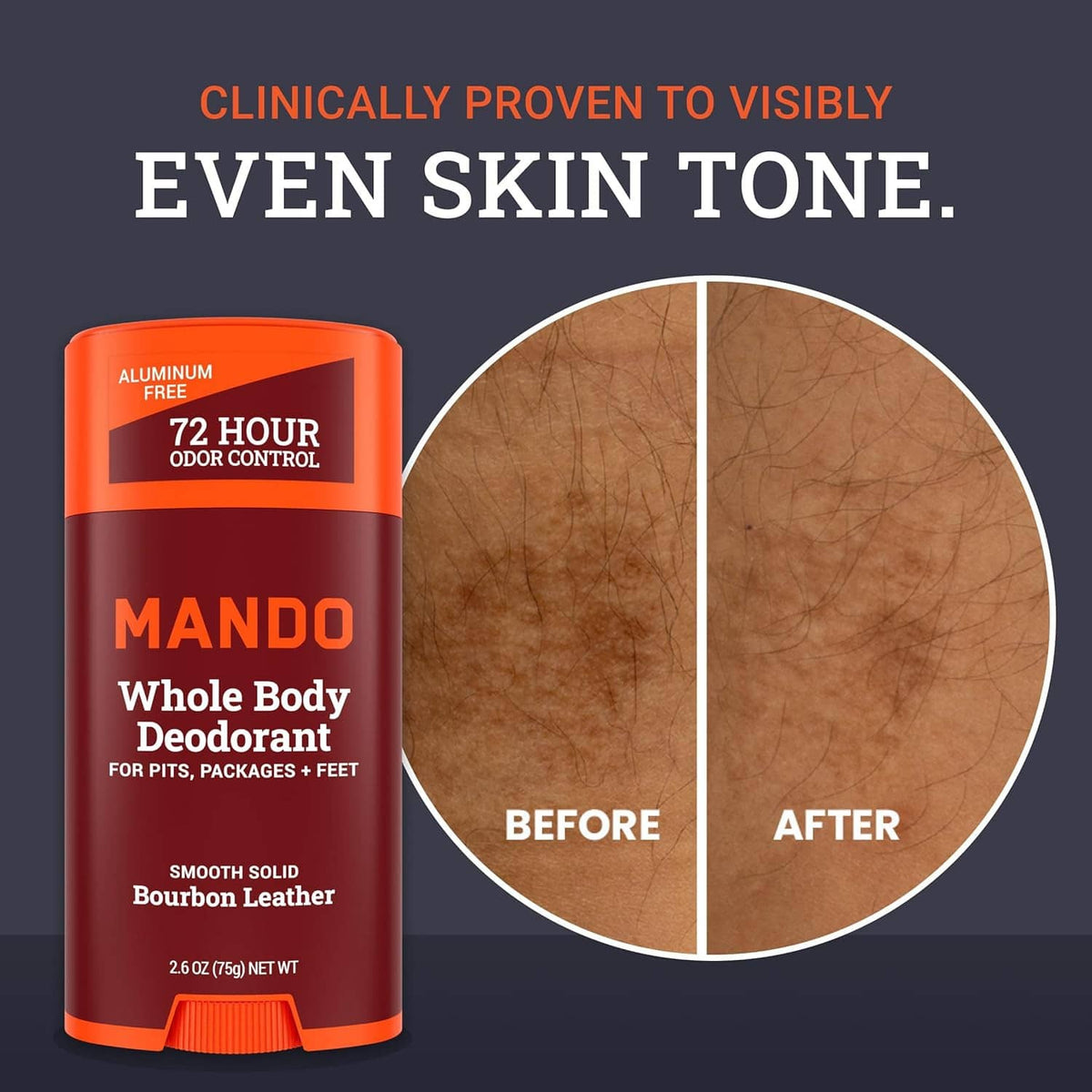 Mando whole body deodorant stick with before-and-after skin tone graphic