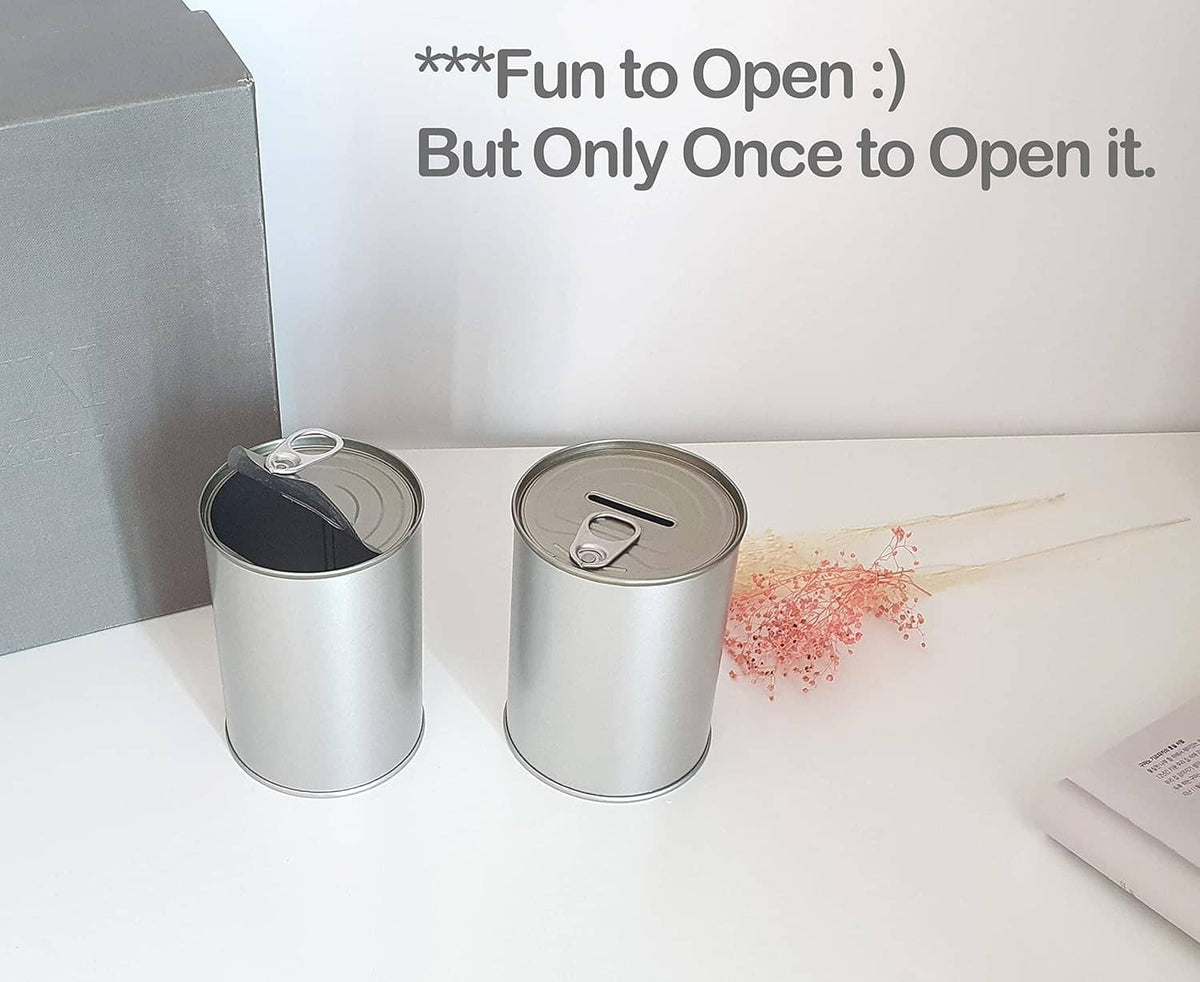 Two silver metal coin piggy banks with pull-tab lids and coin slots
