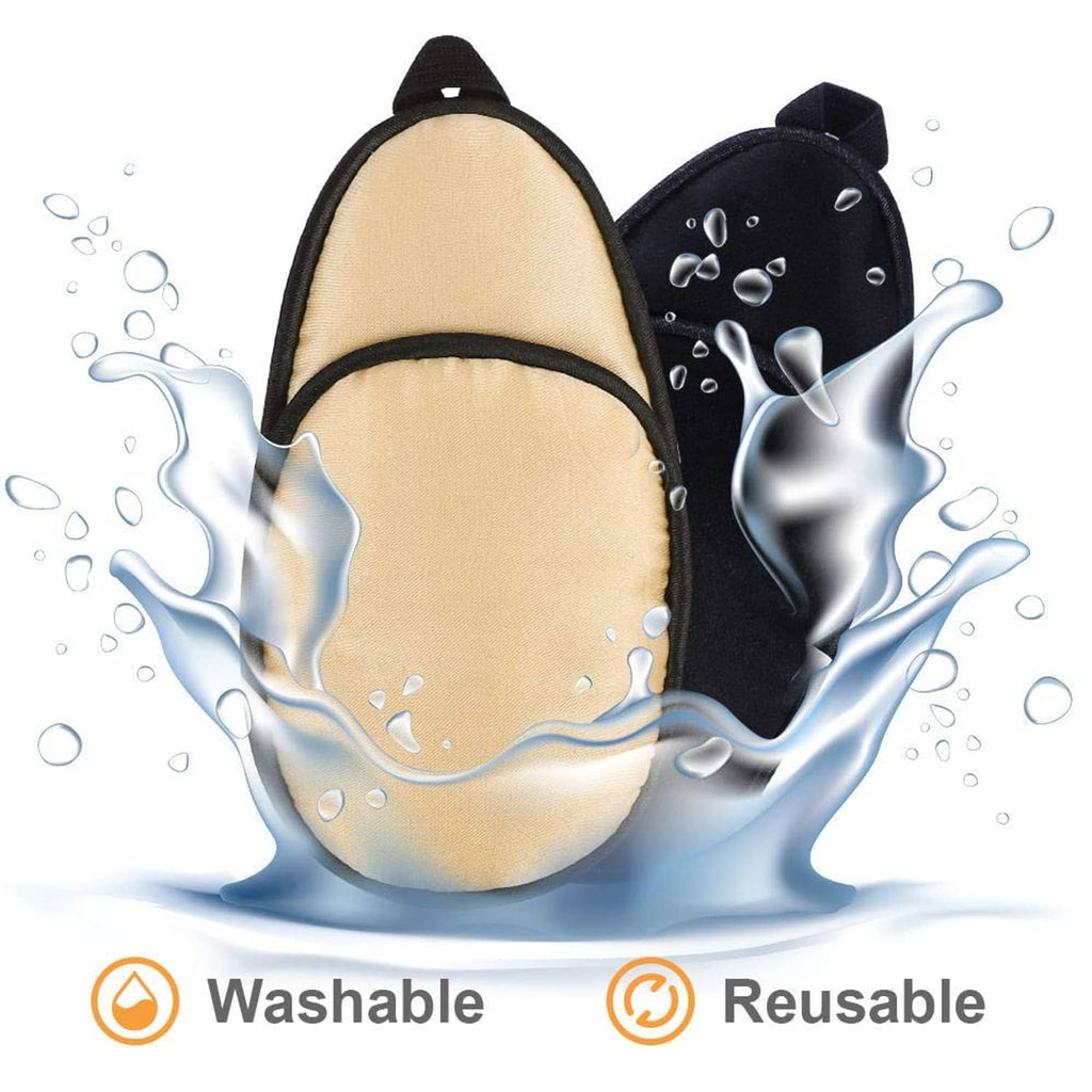 Washable reusable left eye patches: beige pad and black pad with water splash effect.