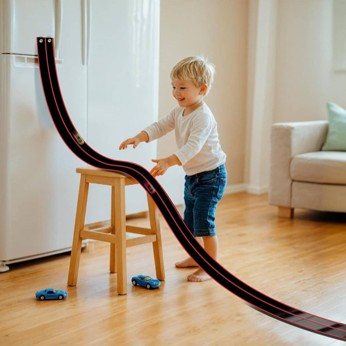 Kids toy car track with black rails and red trim, curved section with toy cars