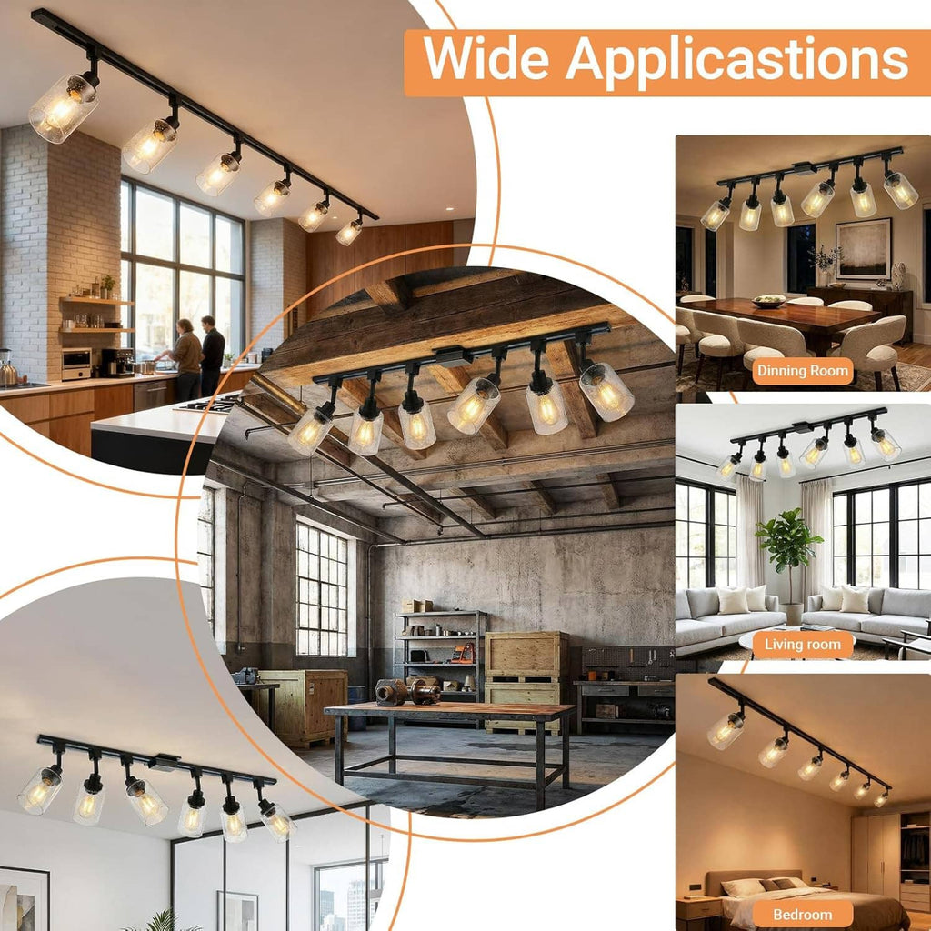 Multiple black track lighting heads with seeded glass shades for wide indoor room use