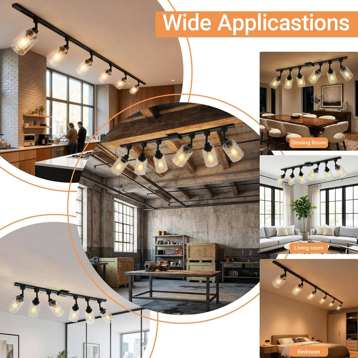 Multiple black track lighting heads with seeded glass shades for wide indoor room use