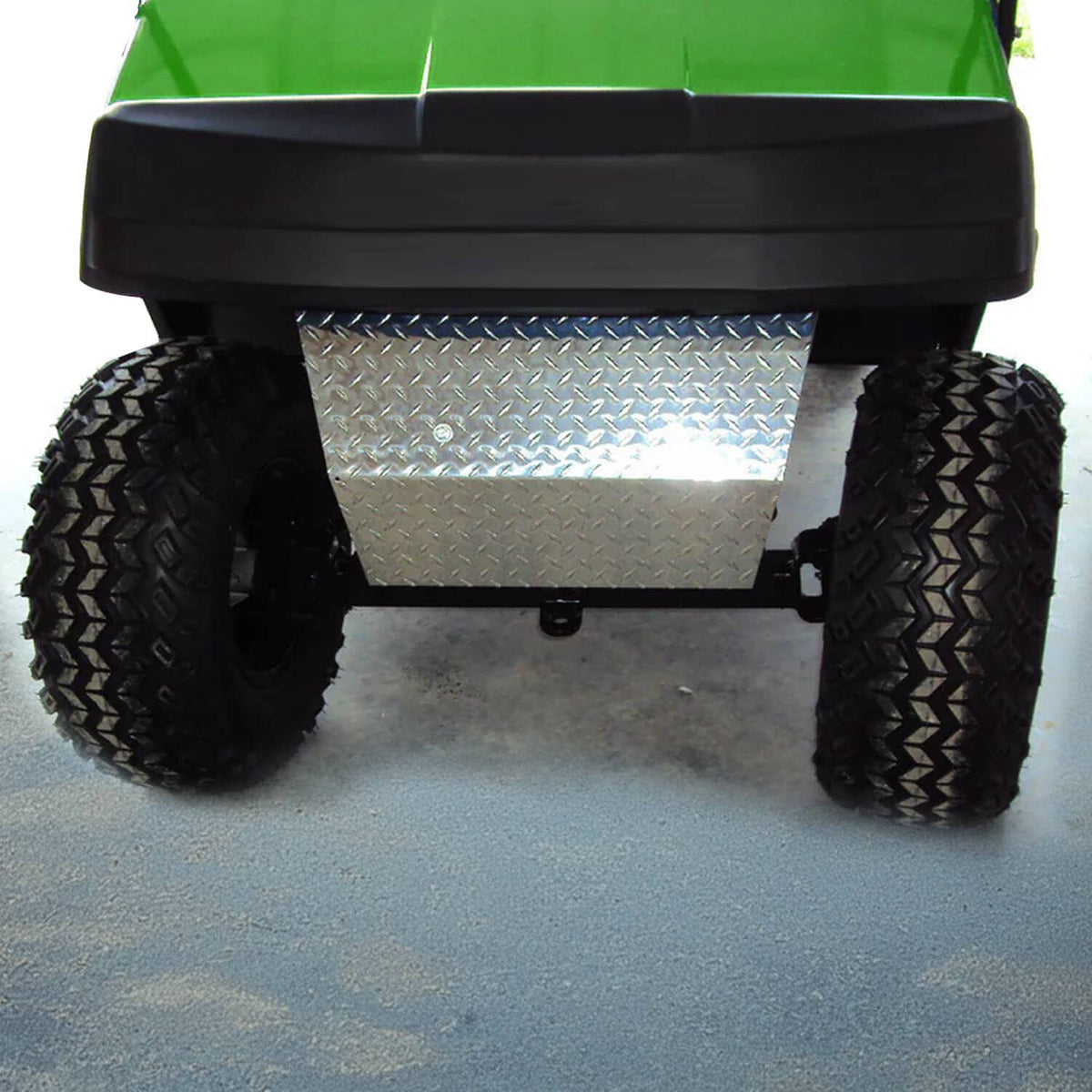 Aluminum diamond plate bumper cover panel with black trim and mounting holes, silver