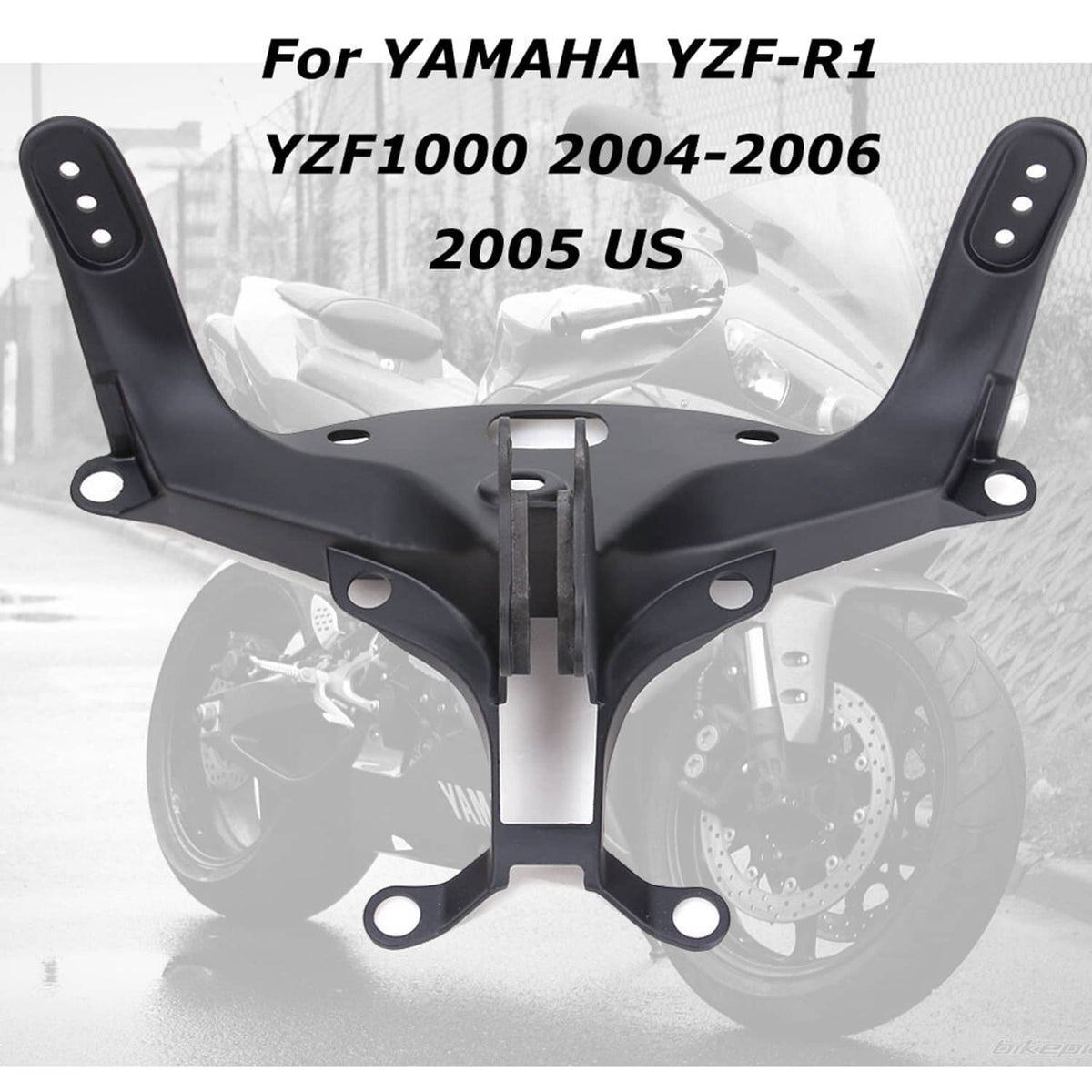 Black upper stay fairing bracket with two headlight mounting plates, front headlight pair